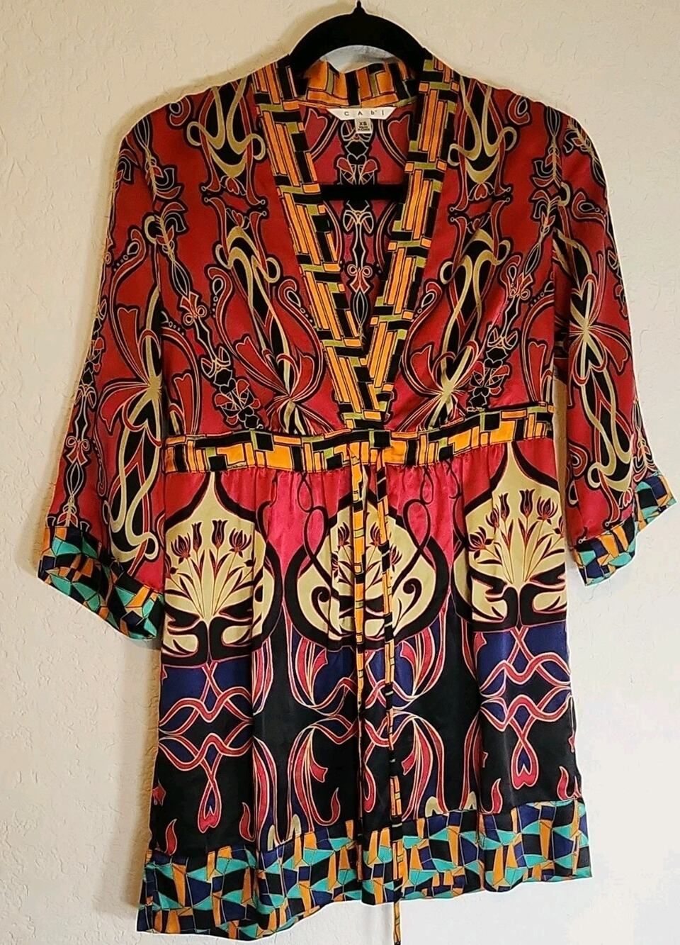 CAbi‎ Multicolor Geometric 100% Silk Woven V-Neck Belted Tunic Dress XS Short